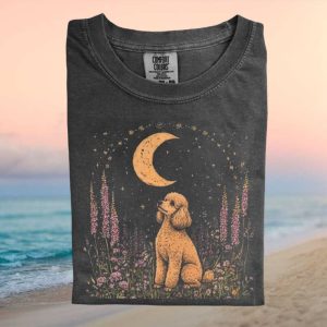 Poodle Dog Gazing At Crescent Moon Floral Garden T Shirt