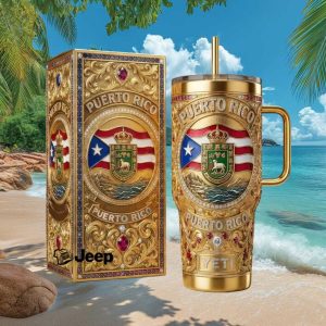 Puerto Rico Pride Flag Coat Of Arms Gold Luxury Heritage Gift Stainless Steel Insulated Tumbler