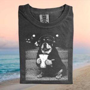 Rottweiler Dog Listening To Music Drinking Coffee T Shirt
