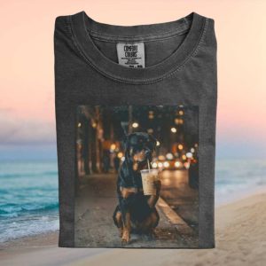 Rottweiler Drinking Iced Coffee City Night Graphic T Shirt