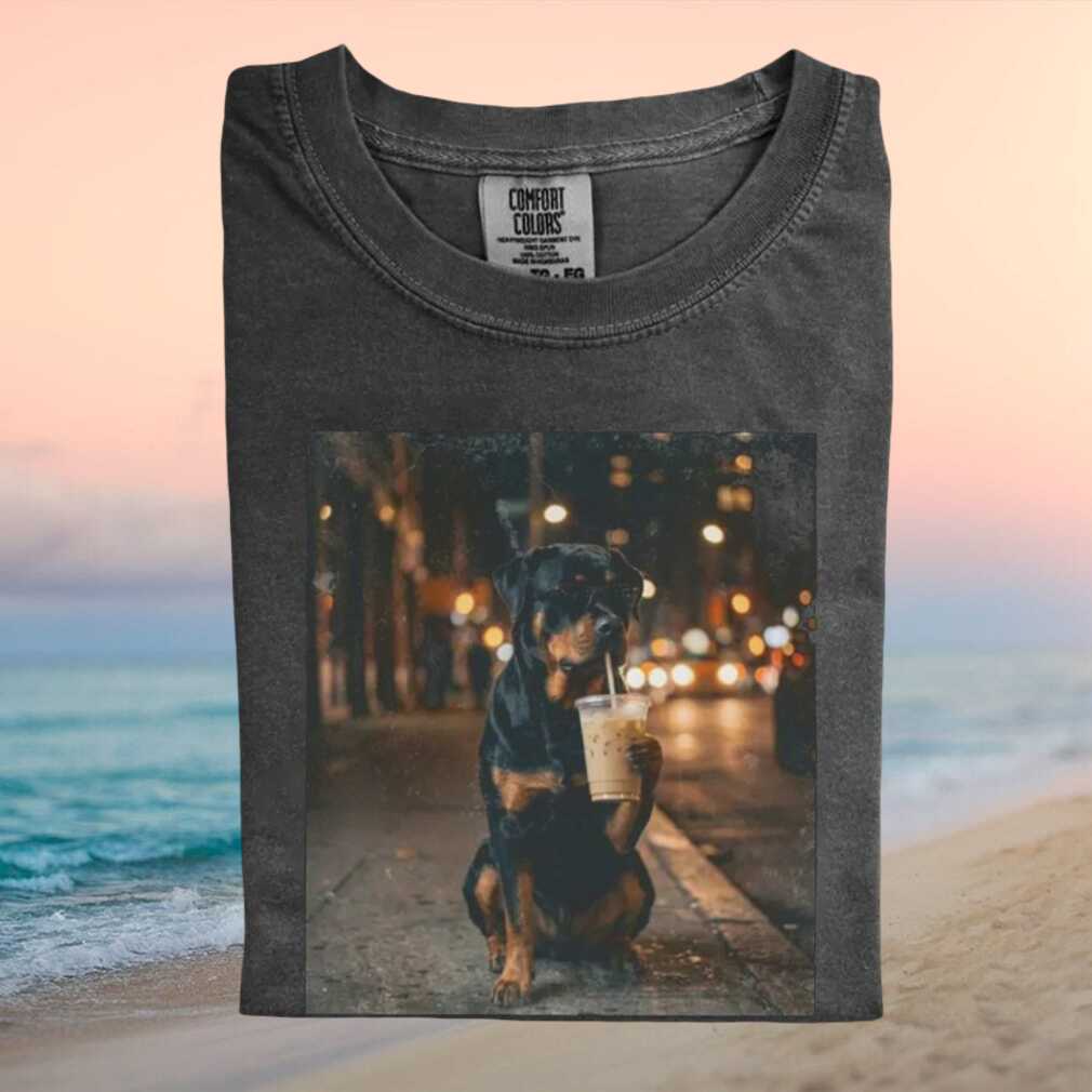 Rottweiler Drinking Iced Coffee City Night Graphic T Shirt Rottweiler Drinking Iced Coffee City Night Graphic T Shirt