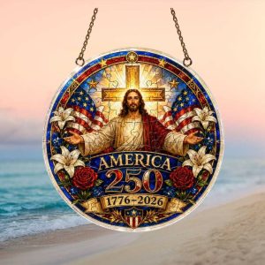 Sacred Heart Jesus America 250 Years 1776 2026 Stained Glass Religious Ornament