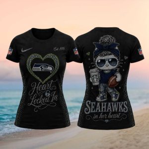 Seahawks Cute Kitty Rhinestone Heart Women Football T Shirt