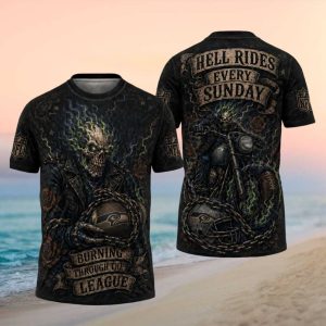 Seattle Seahawks Hell Rides Every Sunday Flaming Skull Biker NFL T Shirt