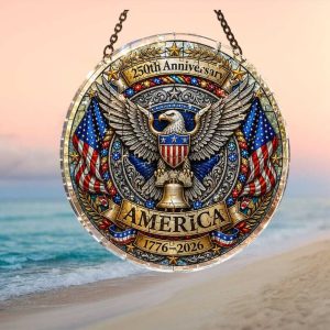Stained Glass Style USA 250th Anniversary Circle Plaque Patriotic Bald Eagle Ornament