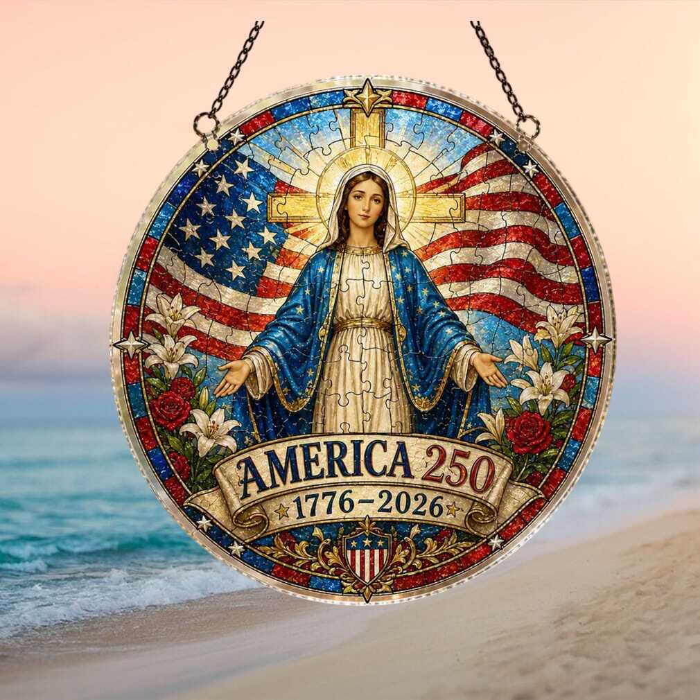 Stained Glass Virgin Mary America 250th Anniversary Patriotic Faith Ornament Stained Glass Virgin Mary America 250th Anniversary Patriotic Faith Ornament