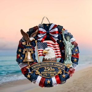 USA 250th Anniversary Patriotic Wreath Ornament Liberty Bell & Statue of Liberty American Celebration Graphic