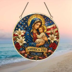 Virgin Mary and Child America 250th Anniversary Catholic Patriotic DeOrnament