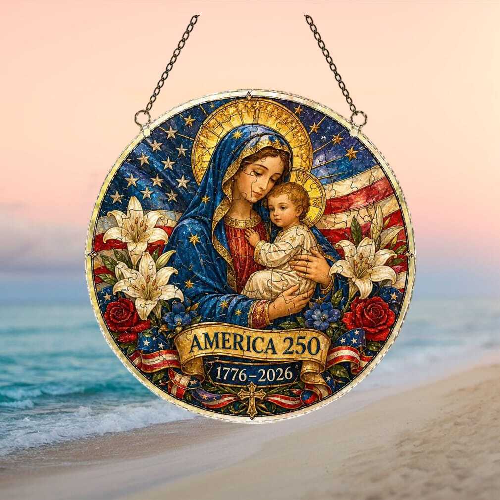 Virgin Mary and Child America 250th Anniversary Catholic Patriotic DeOrnament Virgin Mary and Child America 250th Anniversary Catholic Patriotic DeOrnament