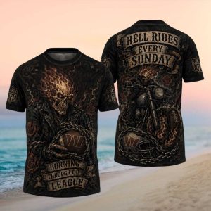 Washington Commanders Flaming Skull Biker NFL T Shirt Hell Rides Every Sunday
