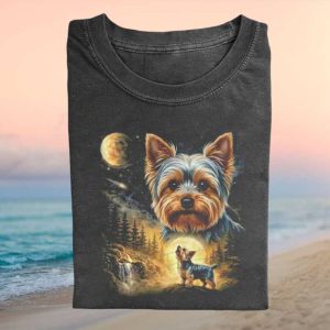 Yorkie Terrier Howling At Moon Forest Nature Dog T Shirt